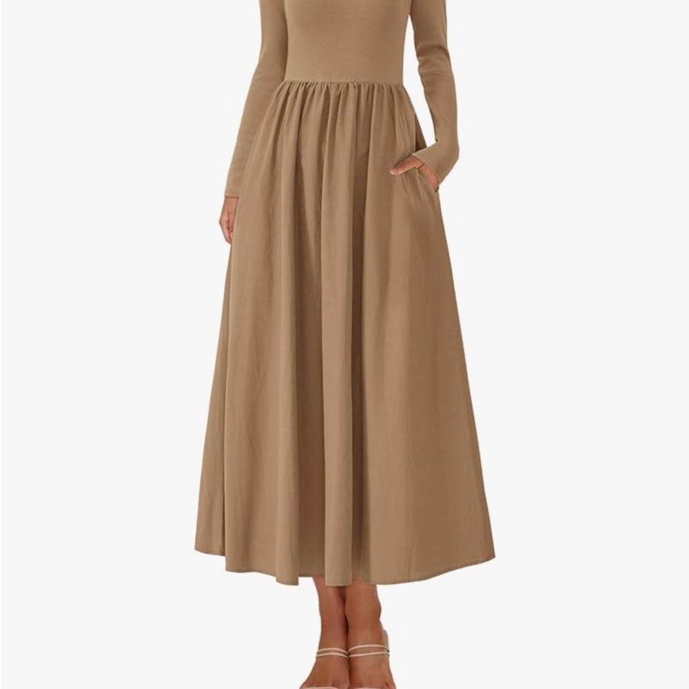 Elegant Tan Long Sleeve Maxi Dress